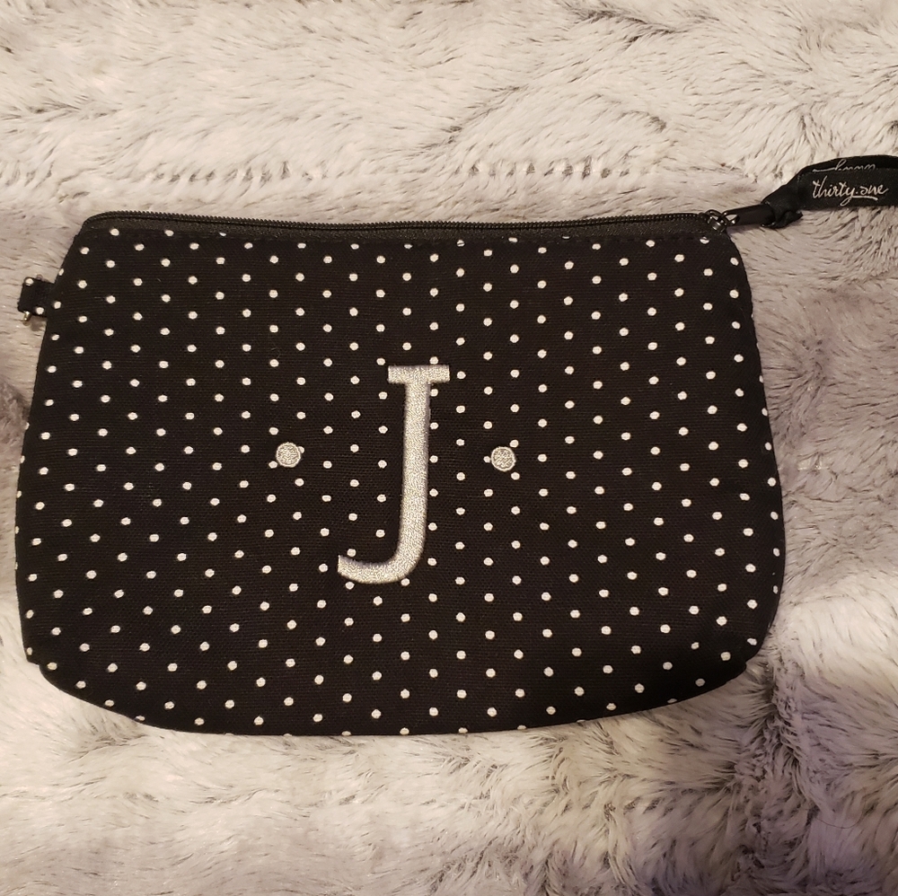 Thirty-One Black White Polka Dot "J" Women's Cosmetic/ Trinket Bag